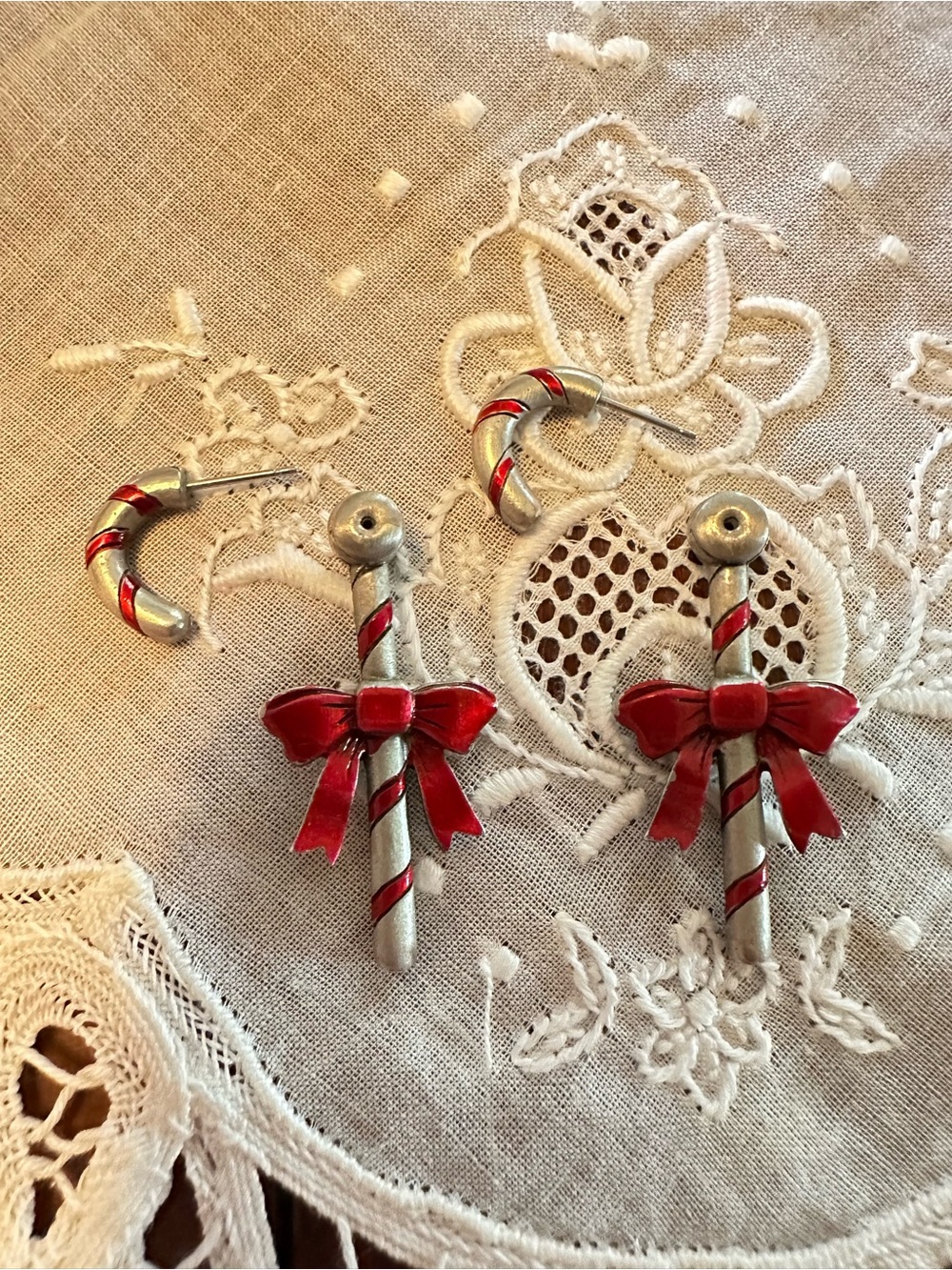 Vintage JJ Jonette Candy Cane Pewter Enamel Christmas Earrings